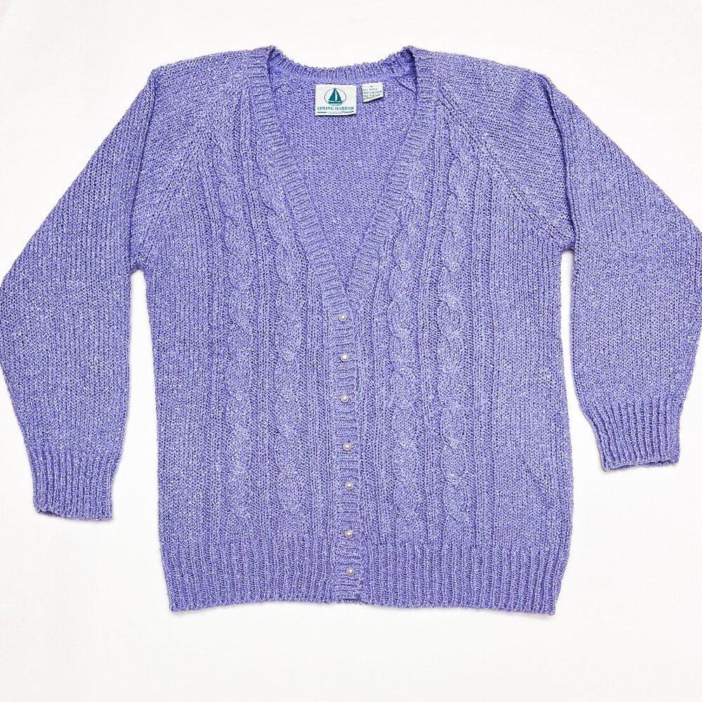 VTG SPRING HARBOR CARDIGAN SWEATER, WOMANS, LARGE, LT PURPLE, FAUX PEARL BUTTONS